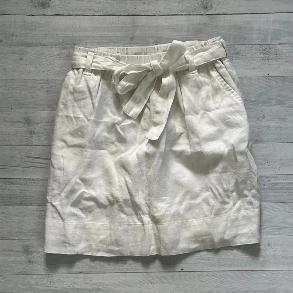 LOFT 100% Linen White High Waist Belted Skirt Size L